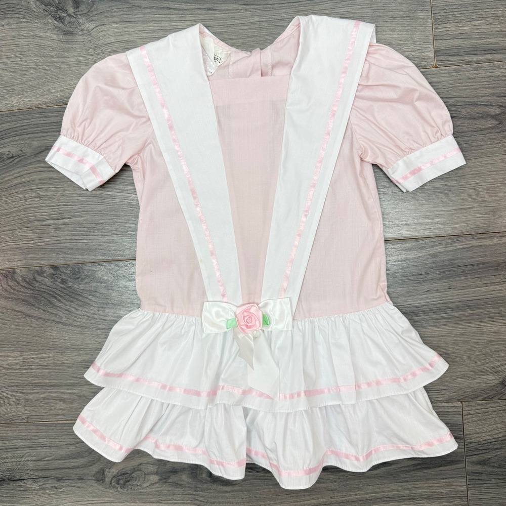 Vintage Bonnie Jean Girls Sailor Dress Pink White Ruffle Rose 80s Cottagecore 3T